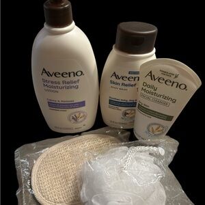 Aveeno Skincare Set with Moisturizing Lotion ,Cleanser, Body Wash, Loofah